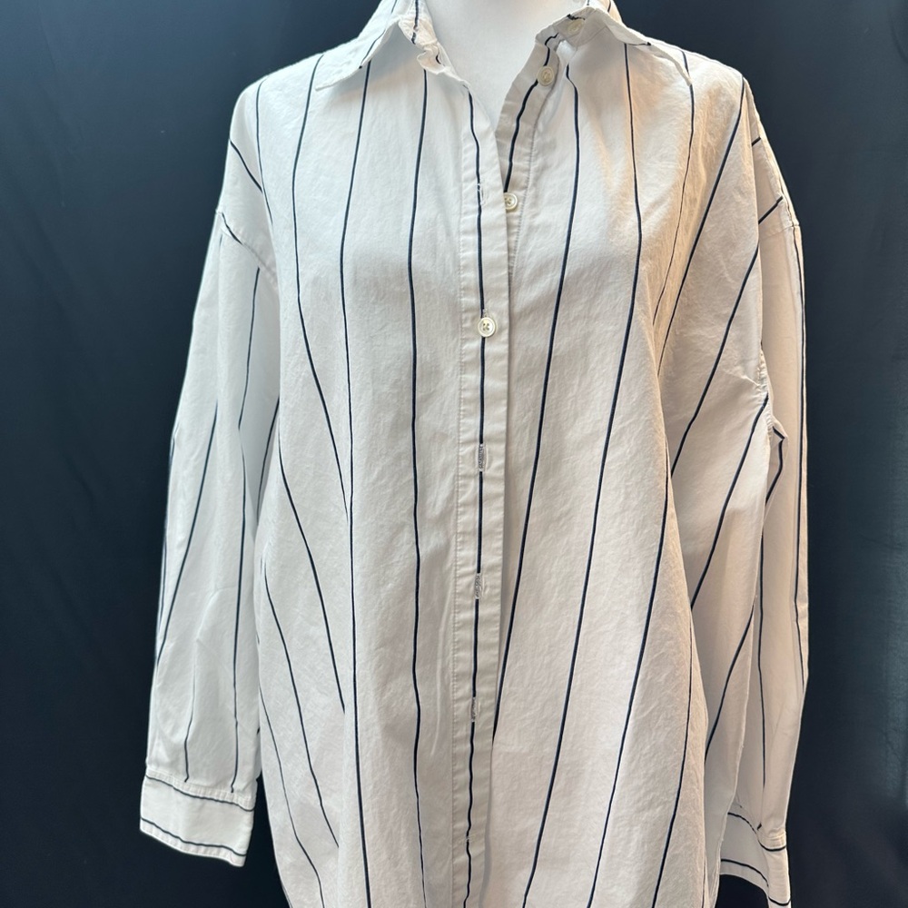 Aritzia Babaton White Button-Down Shirt with Blue Stripes